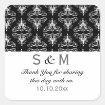 Black White Damask Thank You Monogram Wedding Square Sticker