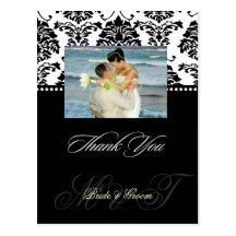 Black +  White Damask Thank You Photo postcards,