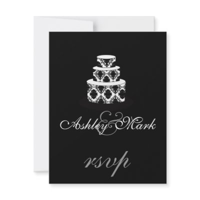 Black White Damask Wedding Cake RSVP Cards by WeddingCentre