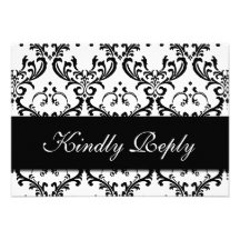 Black White Damask Wedding RSVP Invitations