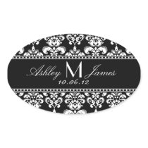 Black White Damask Wedding Wine Label Oval Sticker