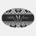 Black White Damask Wedding Wine Label Oval Sticker