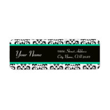 BLACK WHITE EMERALD GREEN DAMASK CUSTOM RETURN ADDRESS LABEL