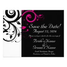 Black, White, Fuchsia Swirl Wedding Save the Date Personalized Invites