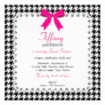 Black & White Houndstooth Pink Bow Lace Sweet 16 Custom Invites