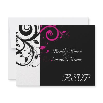 Black +White Magenta Swirl Wedding Matching RSVP Announcement by CustomInvites