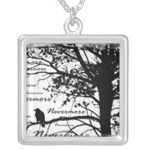Black & White Nevermore Raven Silhouette Personalized Necklace