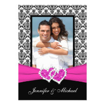 Black White Pink Damask & Hearts Photo Invitation