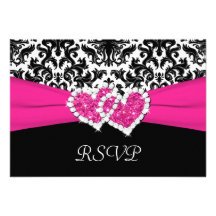 Black, White, Pink Damask & Hearts Reply Card Custom Announcement