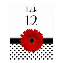 Black & White Polka Dot Red Gerbera Table Card Postcard