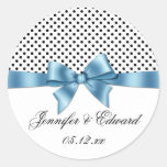 Black White Polka Dots Blue Ribbon Save The Date Round Stickers