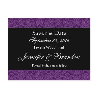Black White Purple Damask Save Date Postcard by JaclinArt