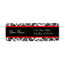 BLACK WHITE RED ART NOUVEAU DAMASK RETURN ADDRESS LABEL
