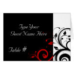 Black, White, Red Reverse Swirl Wedding Place Card
