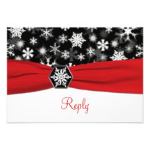 Black, White, Red Snowflakes Wedding Reply Card Personalized Announcements