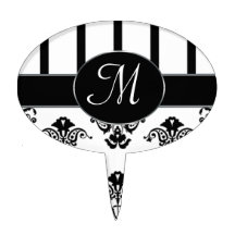 Black & White Stripes, Monogram Baroque Oval Cake Picks
