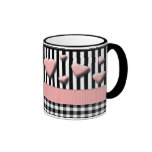 Black White Stripes Pink Hearts Mugs