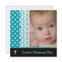 Black White Teal Baby Girl Photo Christening Custom Announcement