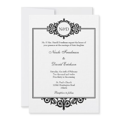 Black white Victorian scroll monogram wedding Invites by FidesDesign