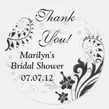 Black White Vintage Floral Bridal Shower Thank You Round Sticker