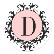Black White Wedding Monogram D Damask Pink Label Sticker