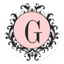Black White Wedding Monogram G Damask Pink Label Round Sticker