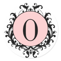 Black White Wedding Monogram O Damask Pink Label Round Stickers