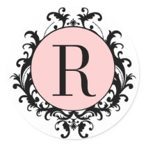 Black White Wedding Monogram R Damask Pink Label Round Sticker