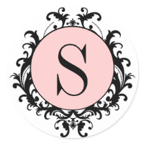 Black White Wedding Monogram S Damask Pink Label Round Stickers