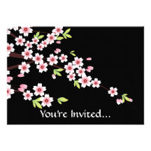 Black with Pink and Green Cherry Blossom Sakura Invite