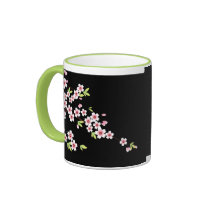 Black with Pink and Green Cherry Blossom Sakura Coffee Mug