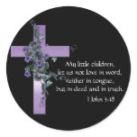 Black with Purple Cross & Purple Flowers Round Sticker