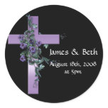 Black with Purple Cross with Purple Flowers Round Sticker