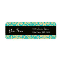 BLACK YELLOW AQUA BLUE TEAL DAMASK RETURN ADDRESS LABEL