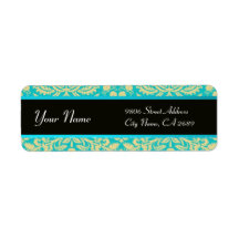 BLACK YELLOW AQUA BLUE TEAL DAMASK CUSTOM RETURN ADDRESS LABELS
