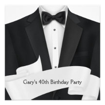 BlackTuxedo Mans Black White 40th Birthday Party Invitations