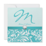 Blank Elegant Teal Monogram with Platinum Heart Personalized Invitations
