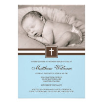 Bleu et baptême croisé de photo de garçon de Brown invitations