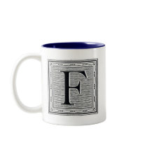 Block Letter "F" Woodcut Woodblock Inital Coffee Mugs