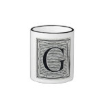 Block Letter "G" Woodcut Woodblock Inital Mugs
