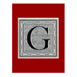 Block Letter "G" Woodcut Woodblock Inital Postcard