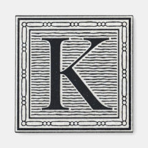 Block Letter "K" Woodcut Woodblock Inital Magnet