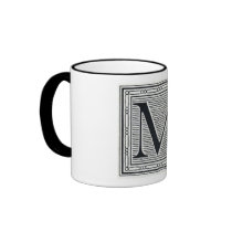 Block Letter "M" Woodcut Woodblock Inital Mugs