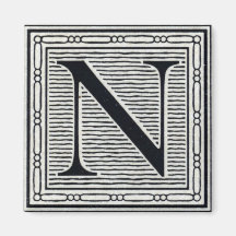 Block Letter "N" Woodcut Woodblock Inital Fridge Magnet