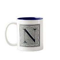 Block Letter "N" Woodcut Woodblock Inital Coffee Mugs
