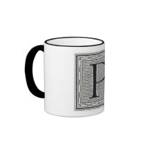 Block Letter "P" Woodcut Woodblock Inital Coffee Mugs