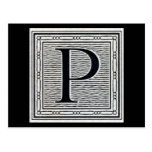 Block Letter "P" Woodcut Woodblock Inital Post Card