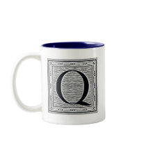 Block Letter "Q" Woodcut Woodblock Inital Coffee Mug