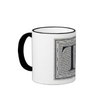 Block Letter "T" Woodcut Woodblock Inital Mugs