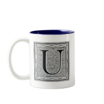 Block Letter "U" Woodcut Woodblock Inital Coffee Mug